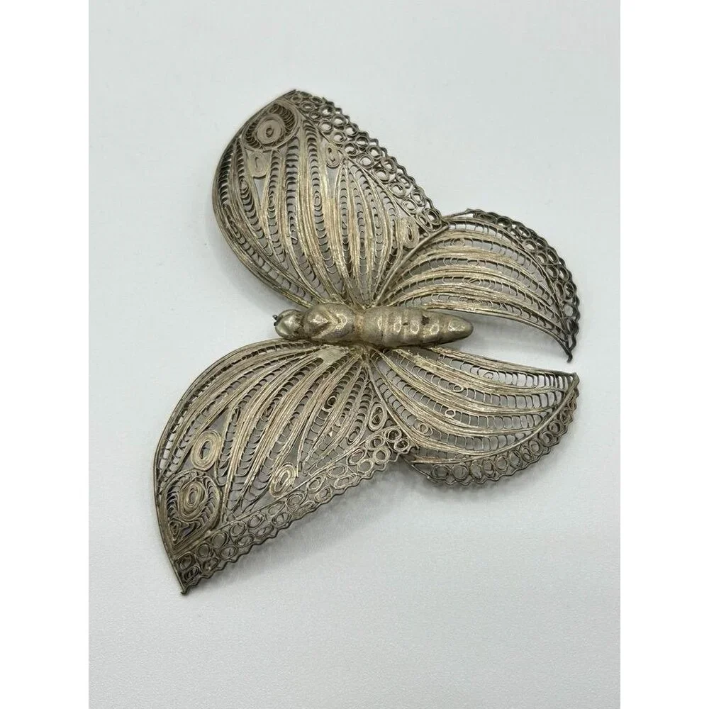 Vintage Mexican Silver Filigree Butterfly Brooch Pin - Picture 5 of 9